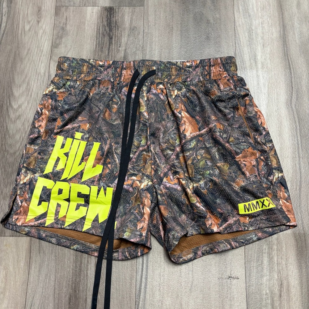 Kill Crew Mens Camo Mesh Athletic Shorts Neon Yellow Logo MMXX Forest Camouflage
